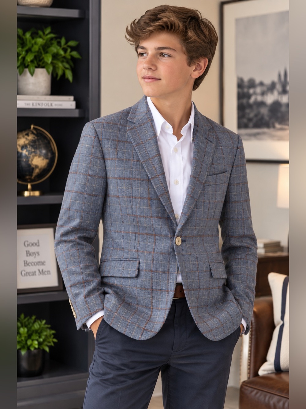 Elie Balleh Boys Gray Plaid Blazer – Size 10–12